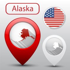 Set of Alaska state with flag america map pointer