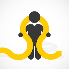 black silhouette man holds yellow arrow wrapped around the neck