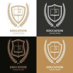Open book shield and laurel wreath linear symbol