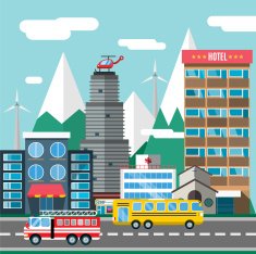Buildings and city transport flat style illustration N2