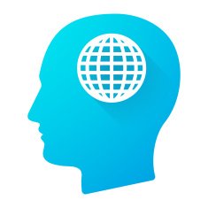 Male head icon with a world globe