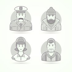 Ship captain fisherman nurse video operator icons Character person illustrations