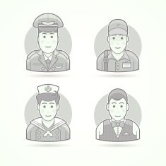Pilot delivery man shipboy waiter icons Character person illustrations