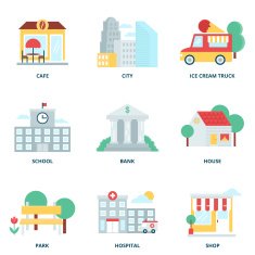 City and buildings vector icons set flat style