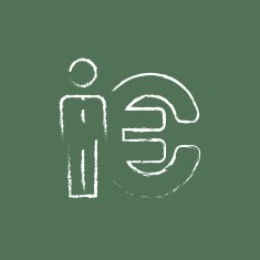 Businessman standing beside the Euro symbol icon drawn in chalk