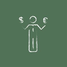 Businessman holding Euro and US dollar icon drawn in chalk