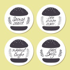 Stickers with freehand drawn burgers and hand lettering in vector