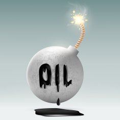 round bomb with a fuse and an inscription oil