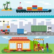 Import export fruits and vegetables delivery vector icons set N3