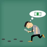 Cartoon businessman walking with magnifying glass looking for mo