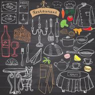 Restaurant sketch doodles set Hand drawn elements Drawing doodle collection