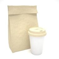 Coffee to go and lunch bag on white N11