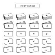 Money icon set with dollar euro yen pounds vector