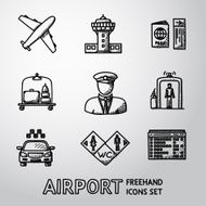 Set of handdrawn AIRPORT icons - airplane airport passport and