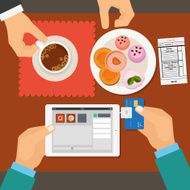 Mobile payment in restaurant using tablet Vector illustration flat style
