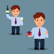 Set of businessman with a glass champagne and gift