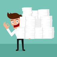 Happy businessman holding many paper in hand and working hard