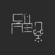 Computer set with table and chair icon drawn in chalk