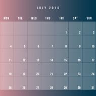 Calendar July 2016 vector design template - Minimalism Style
