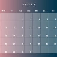 Calendar June 2016 vector design template - Minimalism Style