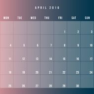 Calendar April 2016 vector design template - Minimalism Style