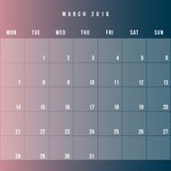 Calendar March 2016 vector design template - Minimalism Style