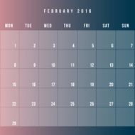 Calendar February 2016 vector design template - Minimalism Style