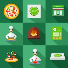 Pizza icons with pizzeria and chef set N2