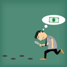 Cartoon businessman walking with magnifying glass looking for mo