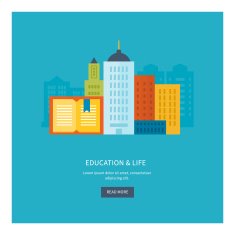 Vector illustration icons set of online education and urban landscape