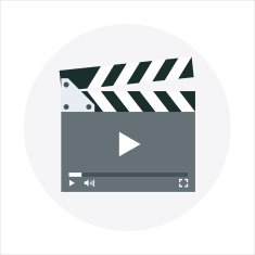 Video clapper board flat style colorful vector icon for info
