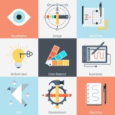 Design and production theme flat style colorful vector icon s