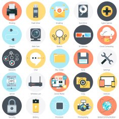 Technology theme flat style colorful vector icon set for info