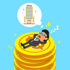 Businessman falling asleep on money coins and dream about building