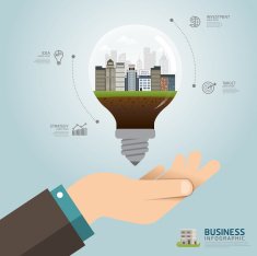 Vector Infographic Business concept businessman hand holding bulb glowing city
