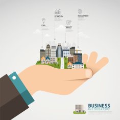 Infographic Business success concept businessman hand holding glowing city globe