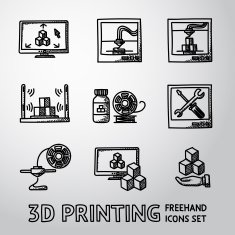 Set of handdrawn 3D Print icons - printers pc with