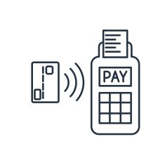 Card paying wirelessly over POS terminal Vector outline icon