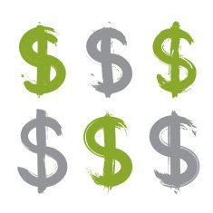 Set of hand-painted green dollar icons isolated on white