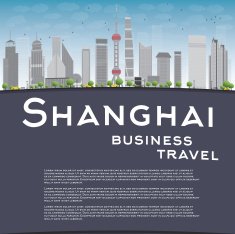 Shanghai skyline with grey skyscrapers and copy space