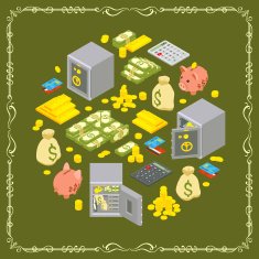 Vector decorating design made of objects related to finance N7