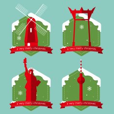 Set of famous world landmark buildings icons with Christmas badge