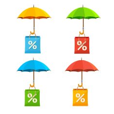Umbrella with Paper Bag Sale Labels Set Vector