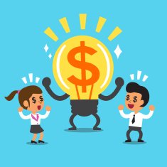Cartoon big money idea character and business team