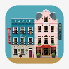 Hostel and hotel building facades icon