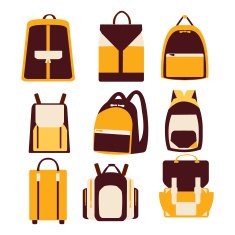 set of various bags and backpacks