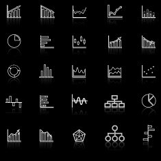 Graph line icons with reflect on black background