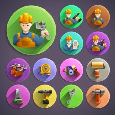 Construction remodeling round isometric icons collection