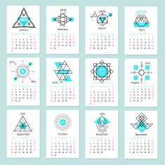 European calendar grid for 2016 year with abstract geometric patterns