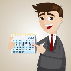 cartoon businessman showing weekend on calendar